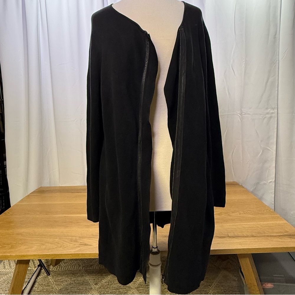 Eileen Fisher Long Knit Cardigan Jacket, Black Silk-Cotton Blend leather trim XL - Picture 3 of 12